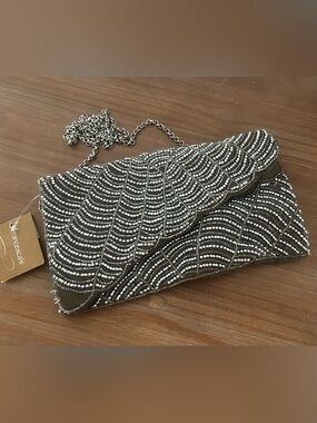 Francesca’s Silver Beaded Evening Clutch - Women's Metallic Shoulder Bag
